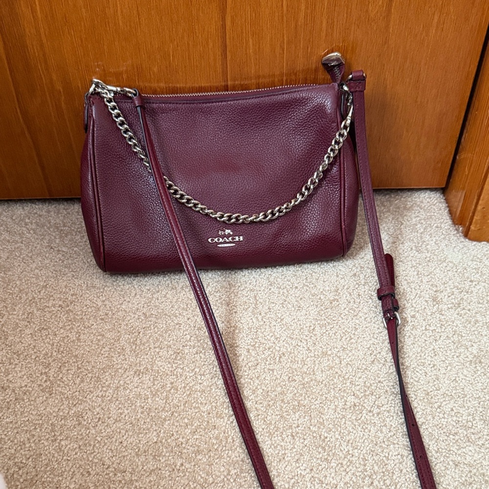 COACH Carrie Leather Crossbody in Burgundy with Silver Chain